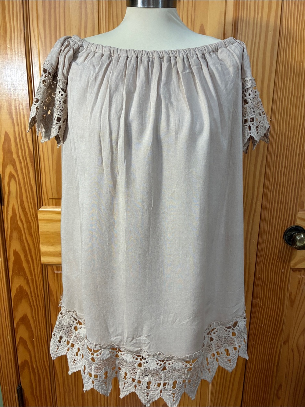 love J Cream Off-Shoulder Crochet Trim Mini Dress